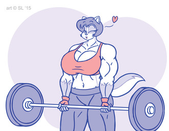 anthro big_breasts bottomwear breasts clothed clothing copyright_symbol exercise female fingerless_gloves gloves hair handwear heart_symbol huge_breasts midriff muscular muscular_female navel one_eye_closed pants solo symbol thick_thighs topwear weightlifting weights wink workout satsumalord briana_(satsumalord) badger mammal mustelid musteline 2015 digital_media_(artwork) sketch