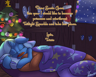 bodily_fluids cape christmas_star christmas_stocking christmas_tree christmas_tree_topper clothing drooling eyes_closed female feral hat headgear headwear heart_symbol holidays horn inside lights lying night pillow plant saliva sleeping solo star text tree vehicle wagon wizard_hat atane27 christmas friendship_is_magic hasbro my_little_pony mythology trixie_(mlp) equid equine mammal mythological_creature mythological_equine unicorn 2014 digital_media_(artwork) english_text shaded