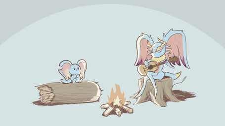 ambiguous_gender anthro antlers big_ears biped bipedal_feral black_eyes blush blush_stickers campfire chest_tuft colored_nails countershade_torso countershading digitigrade dipstick_tail duo eyes_closed feral fingernails fluffy fluffy_tail fur grey_background guitar head_wings holding_guitar holding_musical_instrument holding_object horn huge_wings log markings mouthless multicolored_body multicolored_fur music musical_instrument nails neck_tuft notched_ear orange_body orange_fur playing_guitar playing_music plucked_string_instrument purple_fingernails purple_nails semi-anthro simple_background sitting size_difference string_instrument tail tail_markings tan_body tan_fur teal_body teal_fur tree_stump tuft unusual_wing_placement wings wood mont_kb kirby_(series) kirby_and_the_forgotten_land nintendo elfilin fecto_elfilis alien chinchillid mammal rodent starling_(kirby) 16:9 2026 animated digital_drawing_(artwork) digital_media_(artwork) frame_by_frame hi_res japanese_description long_playtime sound video widescreen male_(lore)