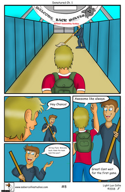 backpack blonde_hair blue_eyes cleaning_tool clothing comic_panel dialogue duo hair hallway hidden_face impending_transformation locker male mop red_clothing red_shirt red_topwear school shirt speech_bubble text toony topwear lightluxcollie denatured_(lightluxcollie) mythology chance_(lightluxcollie) faye_(lightluxcollie) canid canine canis human mammal wolf 2018 comic english_text hi_res story url