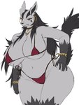 anthro biped black_body black_fur bra clothed clothing ear_piercing female fur grey_body grey_fur jewelry looking_at_viewer navel piercing red_eyes simple_background skimpy solo underwear white_background baburusushi nintendo pokemon generation_3_pokemon mightyena pokemon_(species) 3:4 hi_res