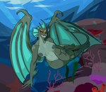 anthro big_breasts breasts clothing female fin genitals gills green_body green_scales head_fin headgear headwear jewelry looking_at_viewer membrane_(anatomy) membranous_wings nipples nude pussy scales solo tail thick_thighs underwater water wings dorans_flea mythology skalaza anthozoan aquatic_dragon cnidarian coral dragon marine mythological_creature mythological_scalie scalie winged_dragon absurd_res hi_res