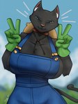 anthro big_breasts black_body black_fur blue_clothing blue_eyes breasts clothed clothing collar female fur gloves green_clothing green_gloves green_handwear handwear hat headgear headwear no_underwear pink_nose solo straw_hat rizal_ok domestic_cat felid feline felis mammal absurd_res hi_res