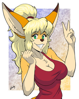anthro blonde_hair bottomwear clothed clothed_anthro clothed_female clothing ears_up eyebrows eyelashes female fur green_eyes hair looking_at_viewer pants red_clothing red_shirt red_tank_top red_topwear shirt smile smiling_at_viewer solo tail tank_top teeth teeth_showing topwear yellow_body yellow_fur chisheq nadia_(chisheq) 4:5 hi_res