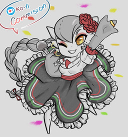 accessory beads braided_hair breasts brown_eyes chibi cleavage clothed clothing cross cross_necklace digit_ring ear_piercing ear_ring electronics female flower flower_in_hair hair hair_accessory happy jewelry markings mexican mexican_dress microphone mole_(marking) necklace not_furry one_eye_closed open_mouth piercing plant prayer_beads ring ring_piercing rosary simple_background singer solo wedding_ring white_background wink ittziofficial independence_day_(mexico) ko-fi nintendo pokemon soledad_(atomic417) gardevoir generation_3_pokemon pokemon_(species) 2021 absurd_res greyscale hi_res monochrome signature watermark
