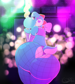 anthro bedroom_eyes big_butt butt butt_focus clothing femboy fishnet_clothing fishnet_legwear half-closed_eyes legwear long_tongue looking_at_viewer looking_back looking_back_at_viewer male narrowed_eyes pink_clothing pole rear_view seductive smile solo stripper_pole tongue thelewdshi mario_bros nintendo yoshi hi_res signature