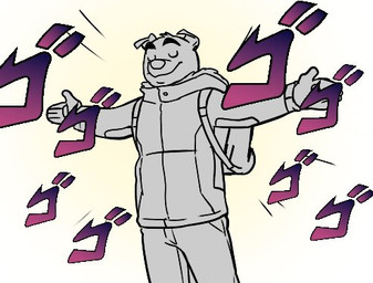 anthro backpack bottomwear clothing eyebrows eyes_closed jacket male pants raised_eyebrows simple_background smile solo standing t-pose topwear white_background eclipticafusion animal_crossing jojo's_bizarre_adventure menacing_(meme) nintendo k.k._slider canid canine canis domestic_dog mammal 2021 low_res meme portrait sketch three-quarter_portrait