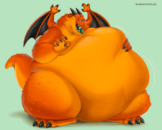 anthro belly big_belly horn huge_belly male obese obese_male orange_body orange_skin overweight overweight_male sharp_teeth solo teeth tongue tongue_out wings shibadoodles dragon_quest mythology square_enix dragon mythological_creature mythological_scalie scalie hi_res