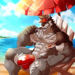 5_fingers anthro barazoku beach beach_umbrella big_muscles black_nose bulge chest_tuft clothed clothing fingers fur genitals grey_body grey_fur hat headgear headwear huge_muscles humanoid_hands lifeguard looking_at_viewer male muscular muscular_anthro muscular_male nipples parasol penis penis_base pink_nipples pink_penis seaside sitting solo speedo swimwear topless tuft vein veiny_penis visor_cap water whistle_(object) yellow_eyes daikitei enigma_(daltenigma) canid canine canis mammal wolf 2020 absurd_res hi_res