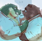 anthro brown_body clothing countershading duo food humanoid_hands kemono male overweight overweight_male shirt topwear tachiuo pocky pocky_and_pretz_day bear crocodile crocodilian mammal reptile scalie 2022 hi_res