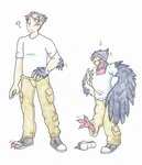 avian_feet beak chest_tuft claws clothing feather_growth feathers female feral gender_transformation growth looking_at_self loss_of_dexterity male mtf_transformation open_mouth oversized_clothing question_mark shrinking simple_background size_transformation solo torn_clothing transformation tuft white_background wing_growth wings rainbowraven nintendo pokemon avian generation_3_pokemon human mammal pokemon_(species) swellow hi_res