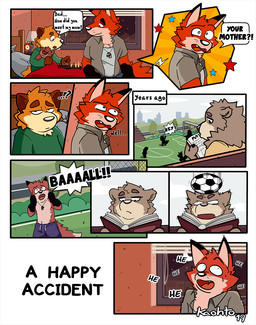 accident age_difference anthro ball bare_chest bed bedroom biped black_border black_nose bodily_fluids book border bottomwear brown_body brown_fur brown_nose cheek_tuft city clock clothed clothing collar_tag day detailed_background dialogue dipstick_ears dipstick_tail ear_markings ear_piercing ellipsis facial_tuft family fangs female flashback fluffy fluffy_tail front_view fur furniture green_clothing green_shirt green_topwear grey_clothing grey_topwear group half-closed_eyes inside interrobang lamp larger_male laugh looking_down male markings math motion_lines multicolored_ears multicolored_tail narrowed_eyes night older_male on_bed open_mouth outside pants piercing plant playing plushie reading red_body red_eyes red_fur shirt side_view sitting size_difference sky smaller_male soccer speech_bubble sport standing star sweat tail tail_markings tan_body tan_fur teeth text three-quarter_view tongue toony topwear tree tuft whiskers white_border white_text window yelling young young_anthro younger_male kaohto kaohto_(character) bear brown_bear canid canine fox hybrid mammal ursine 2019 comic dated digital_drawing_(artwork) digital_media_(artwork) english_text hi_res multiple_scenes signature father_(lore) mother_(lore) parent_(lore) son_(lore)