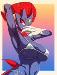 3_fingers anthro big_breasts bikini blue_body blue_skin breasts clothing fangs female fingers multicolored_body navel one_eye_closed open_mouth pokemorph red_eyes solo swimwear teeth two-piece_swimsuit wink q_wed nintendo pokemon generation_4_pokemon pokemon_(species) weavile 3:4 half-length_portrait hi_res portrait