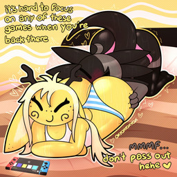 ambiguous/ambiguous ambiguous_gender anthro bangs bed bent_over big_butt biped black_body black_tail blonde_hair blush bodily_fluids butt clothed clothing dialogue duo eyes_closed face_in_ass featureless_hands femboy floppy_ears freckles front_view furniture hair hand_on_butt heart_symbol horn kneeling legwear lop_ears lying monotone_body motion_lines on_bed on_front outline panties smile sweat tail text three-quarter_view topwear underwear yellow_body oxyoxyoxyox nintendo nintendo_switch licorice_(oxyoxyoxyox) toffee_(oxyoxyoxyox) amphibian aquatic axolotl deer mammal mole_salamander salamander 1:1 2024 artist_name digital_drawing_(artwork) digital_media_(artwork) english_text hi_res male_(lore)