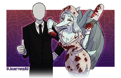 alternate_costume anthro bald biped black_clothing black_suit blood blue_body bodily_fluids bone_frill breasts canon_couple clothed clothed_anthro clothed_female clothed_human clothed_male clothing costume duo eyes_mostly_closed feathered_wings feathers female fingers frill_(anatomy) gesture gloves grey_body grey_feathers grey_hair hair halloween_costume hand_gesture handwear hat headgear headwear holidays human_on_anthro humanoid_hands interspecies long_hair male male/female markings medium_breasts narrowed_eyes necktie non-mammal_breasts nurse_clothing nurse_hat nurse_headwear nurse_uniform pose saw short_tail smile smirk smug standing striped_markings stripes suit tail text thumbs_up tools uniform wings jauntyweb cavemanon_studios creepypasta goodbye_volcano_high halloween ko_op_(game_developer) snoot_game anon_(snoot_game) fang_(gvh) slenderman human mammal prehistoric_species pterosaur reptile scalie 2024 artist_name colored