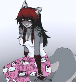 alternative_fashion anthro armband blush breasts chin_piercing cleavage clothed clothed_anthro clothing countershading ear_piercing emo facial_piercing female fur gradient_background hair hello_kitty_print highlights_(coloring) nose_piercing nose_ring pajama_pants piercing red_highlights ring_piercing simple_background sitting smile solo striped_body striped_fur striped_hair stripes tail torn_thigh_highs ghwostpawz hello_kitty_(series) sanrio gray_(ghwostpawz) domestic_cat felid feline felis mammal 2025 hi_res nonbinary_(lore)