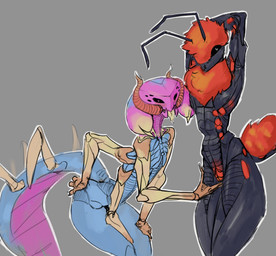 antennae_(anatomy) anthro arthropod_abdomen big_tail black_body black_eyes blue_body compound_eyes duo exoskeleton female female/female fur_collar genitals grey_background hair heart_eyes heart_symbol mandibles multi_arm multi_eye multi_limb ocellis pink_face presenting presenting_armpit presenting_vulva red_hair simple_background tail vulva sun_bug scolopendra_girl_(sun_bug) velvet_ant_(sun_bug) arthropod centipede hymenopteran insect myriapod scolopendra velvet_ant wasp absurd_res hi_res