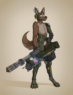 3_artificial_limbs 5_fingers anthro black_outline brain brain_dome brown_body brown_fur cybernetics fingers fur genitals laser_gun machine male nude organs outline penis ranged_weapon solo weapon g472y fallout microsoft 4-lex cyberdog_(fallout) hi_res