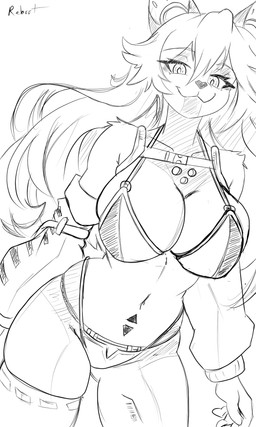 anthro big_breasts breasts female hair long_hair looking_at_viewer machine smile smiling_at_viewer solo wide_hips rinkai r34h reah_(rinkai) android felid mammal robot 3:5 hi_res monochrome sketch