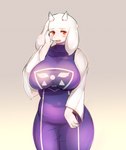 albino anthro big_breasts blush boss_monster_(undertale) bovid breasts caprine clothed clothing delta_rune_(emblem) dress female fur horn huge_breasts kakuteki11029 looking_at_viewer mammal mature_anthro mature_female open_mouth red_eyes slightly_chubby solo standing symbol toriel undertale undertale_(series) white_body white_fur