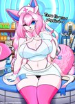 anthro big_breasts blue_eyes breasts caption cleavage clothed clothing dialogue female fluffy fluffy_tail fur hat headgear headwear legwear looking_at_viewer midriff nurse nurse_clothing nurse_hat nurse_headwear nurse_uniform one_eye_closed panties pink_body pink_fur pose sitting solo suggestive tail thigh_highs underwear uniform upskirt wink winking_at_viewer yumiiefox nintendo pokemon eeveelution generation_6_pokemon pokemon_(species) sylveon hi_res pinup