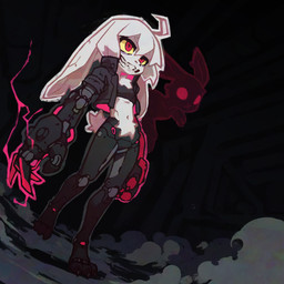3_toes 4_fingers ahoge anthro bangs black_background black_clothing black_jacket black_outline black_topwear bottomless bottomless_anthro bottomless_female buckteeth chest_tuft claws clothed clothing collarbone countershading crotch_tuft cybernetic_arm cybernetic_leg cybernetic_limb cyberpunk duo dust dust_cloud eyebrows facial_tuft feet female female_anthro fingers flat_chested floating front_view fur gauntlets_(weapon) grin hair hologram intimidating_female jacket long_ears navel nub_tail outline pupils red_body red_claws red_eyes red_lighting red_outline red_pupils sharp_teeth shirt side_bangs simple_background smile tank_top teeth toes topwear topwear_only tuft walking white_body white_fur white_outline yellow_sclera polygoncherub clover_(polygoncherub) lucky_(polygoncherub) lagomorph leporid mammal rabbit robot_anthro 1:1 2025 colored detailed digital_drawing_(artwork) digital_media_(artwork) full-length_portrait hi_res portrait shaded