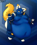 anthro belly belly_overhang big_belly big_breasts big_butt blue_body breasts butt chubby_cheeks deep_navel fat_rolls female fluffy fluffy_tail geometric_background gesture huge_belly huge_thighs hyper hyper_belly looking_at_viewer love_handles machine mascot morbidly_obese navel obese overweight pose simple_background smile solo standing tail thick_thighs waving white_body wide_hips yellow_body yellow_eyes wenisberry e621 esix android domestic_cat felid feline felis mammal robot 2021 full-length_portrait hi_res portrait