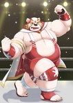 anthro belly fighting_ring fur humanoid_hands inside kemono male mask moobs nipples overweight overweight_male solo white_body white_fur wrestling_singlet aotoaka bear mammal polar_bear ursine 2021 absurd_res hi_res