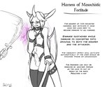 anthro aroused aroused_face balls blush clothing collar cuffs_(clothing) curse cursed_object dragon dungeons_and_dragons english_text fae_dragon flight_rising front_view gemerency genitals girly harness hasbro horn humanoid_genitalia humanoid_penis leather legwear magic_item male melee_weapon membrane_(anatomy) membranous_wings mythological_creature mythological_scalie mythology oleisya penis scalie scimitar slim solo stockings sword tail text throbbing throbbing_penis twitching unigan weapon wings wizards_of_the_coast