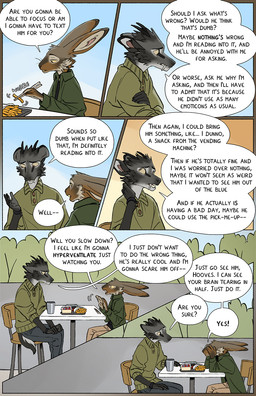 anthro big_ears biped brown_eyes canteen chair chopsticks clothed clothed_anthro clothing container cup dialogue duo female food food_container food_tray fries fur furniture grey_body grey_fur head_tuft holding_chopsticks holding_object male on_chair pointy_ears prick_ears sitting sitting_on_chair snout speech_bubble table tail text tuft tusks yellow_sclera falco_works pen_(falco_works) rosa_(falco_works) cervine deer lagomorph leporid mammal rabbit tufted_deer 2024 comic digital_media_(artwork) english_text hi_res