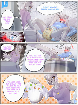 anthro bodily_fluids diaper diaper_change diaper_pail duo feces female genital_fluids male pull-ups_(diaper) reverse_diaper_change soiled_diaper soiling text unclean_diaper urine used_diaper wet_diaper cozygrey kiddo_diapers canid canine canis mammal wolf comic english_text hi_res