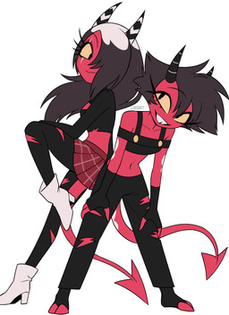 2_horns black_hair boots bottomwear buckteeth clothing duo eye_scar eyelashes facial_scar female fingerless_gloves footwear gloves hair hair_over_eye handwear high_heeled_boots high_heels horn long_hair navel not_furry pants red_body red_skin scar shoes short_hair simple_background skirt smile spade_tail striped_horn stripes tail teeth torn_clothing white_background yellow_sclera enaic31 hellaverse helluva_boss millie_(helluva_boss) sallie_may_(helluva_boss) demon demon_humanoid horned_humanoid humanoid imp absurd_res hi_res signature sibling_(lore) sister_(lore) sisters_(lore) trans_(lore) trans_woman_(lore)