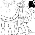 clothed clothing flag gold_(metal) gold_jewelry jewelry male markings outside pirate rail ship simple_background sky smile solo standing tail vehicle watercraft nerdie_(artist) jorm mammal sergal 1:1 2018 black_and_white digital_media_(artwork) monochrome