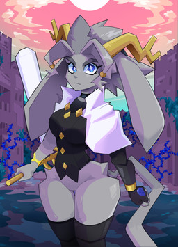 accessory anthro antlers black_clothing black_topwear black_vest blue_eyes bottomless bottomless_female capelet choker clothed clothing corset detailed_background dream_breaker_(pseudoregalia) featureless_crotch female floppy_ears fur grey_body grey_fur hair_accessory hair_ring holding_object holding_weapon horn humanoid_face jewelry legwear lingerie looking_at_viewer necklace orange_sky sky solo thigh_highs topwear vest weapon white_capelet white_clothing razur_(artist) pseudoregalia sybil_(pseudoregalia) jackalope lagomorph mammal absurd_res hi_res portrait three-quarter_portrait