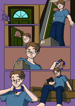 5_fingers barefoot bell bell_collar bottomwear box brown_eyes brown_hair cardboard cardboard_box closed_door clothed clothed_human clothing collar container controller denim denim_bottomwear denim_clothing door eyewear feet fingers front_view fully_clothed fully_clothed_human furniture game_controller glasses hair imminent_transformation inside jeans legs_together low-angle_view male on_sofa onomatopoeia open_door pants shirt sitting sitting_on_sofa smile sofa solo sound_effects spread_legs spreading standing t-shirt text three-quarter_view topwear transformation halcy0n r3n4_(rena777) human mammal 2016 artist_name colored comic english_text hi_res multiple_scenes shaded signature