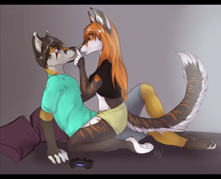 5_fingers anthro anthro_on_anthro black_hair clothed clothing duo ear_piercing facial_piercing female fingers hair lip_piercing male male/female orange_hair piercing pink_eyes sitting straddling tail padjetxharrington canid canine mammal digital_media_(artwork)