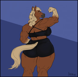 anthro arms_bent athletic_wear back_muscles biceps big_butt black_border black_bottomwear black_bra black_clothing black_eyebrows black_shorts black_underwear blonde_hair border bottomwear bra braided_hair breasts brown_body brown_fur butt closed_smile clothed clothing countershade_hands countershading eyebrows eyelashes female fingers fist flexing flexing_bicep fully_clothed fur furgonomics glistening glistening_eyes gradient_background gym_bottomwear gym_shorts hair looking_at_viewer looking_back looking_back_at_viewer mouth_closed muscular muscular_anthro muscular_arms muscular_female muscular_thighs orange_eyes rear_view shorts side_boob simple_background smile smiling_at_viewer solo sports_bra standing thick_thighs underwear mainlinemojo freyja_(hrossavit) equid equine horse mammal 2022 dated digital_media_(artwork) hi_res portrait signature three-quarter_portrait