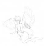 anthro beak breasts butt feathered_wings feathers female non-mammal_breasts slightly_chubby solo tail wings anonymous_artist mythology eraclea avian gryphon mythological_avian mythological_creature hi_res monochrome