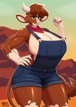 anthro anthrofied big_breasts breasts brown_body brown_fur cleavage clothed clothing female fist front_view fur green_eyes horn huge_breasts lips muscular muscular_anthro muscular_female outside overalls overalls_only shirtless shortalls side_boob solo standing tail tail_tuft text tuft wide_hips doodle_dip them's_fightin'_herds arizona_cow_(tfh) bovid bovine cattle mammal 2024 english_text hi_res signature