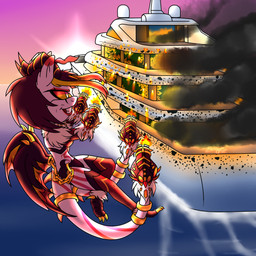 2_tails 3_toes accessory aiming_gun aiming_weapon amber_eyes anthro bullet_hole chain clothing destruction feet female furgonomics gatling_gun gold_(metal) gold_chain gun gun_arm hair horn jewelry leggings legwear machine_gun markings midair minigun multi_tail muzzle_flash neck_tuft purple_hair purple_markings ranged_weapon ring ship shooting_gun solo tail tail_accessory tail_gun tail_jewelry tail_ring toes tuft vehicle vehicle_destruction watercraft weapon weapon_arm weapon_tail white_body wings zboys dragonborn_velatis velatis_ferio_caedo unknown_species 1:1 hi_res