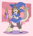 anthro bag bell broom cleaning_tool clothed clothing diaper female magic_user open_mouth pawpads paws smile solo standing wearing_diaper witch young bubblepuppers domestic_cat felid feline felis mammal hi_res