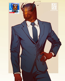 accessory antennae_(anatomy) anthro brown_body clothing facial_piercing male necktie piercing simple_background solo standing suit text ekzonzz arthropod blattodean cockroach insect absurd_res colored hi_res sketch url