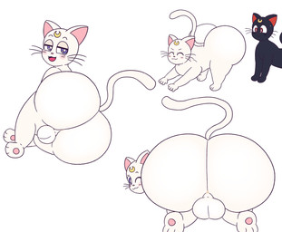 balls big_butt black_body black_fur blue_eyes blush butt duo eyes_closed female feral fur genitals half-closed_eyes huge_butt looking_back male mouth_closed narrowed_eyes one_eye_closed open_mouth pawpads red_eyes simple_background smile stretching tail thick_thighs whiskers white_background white_body white_fur drawful-s sailor_moon_(series) artemis_(sailor_moon) luna_(sailor_moon) domestic_cat felid feline felis mammal 2021 absurd_res hi_res