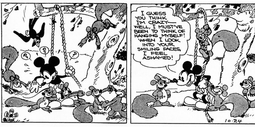 4_fingers ambiguous_gender anthro bottomwear clothed clothing dialogue duo female feral fingers footwear group male open_mouth pants plant question_mark rope shoes suicidal_ideation suicide_attempt tail text tree floyd_gottfredson hardie_gramatky disney public_domain mickey_mouse avian bird mammal mouse murid murine rodent sciurid tree_squirrel 1930 20th_century absurd_res ancient_art comic dated english_text hi_res long_image monochrome wide_image