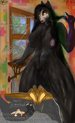 anthro big_breasts blood bodily_fluids breasts female glowing glowing_eyes hair licking licking_lips looking_at_viewer messy_hair muscular saliva saliva_string solo standing thick_thighs tongue tongue_out two_panel_image wide_hips window alostcarolean scp_foundation scp-1471-a canid canine canis domestic_dog mammal alternate_version_at_source hi_res