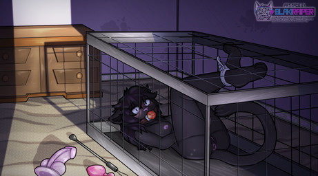 4_toes animal_dildo animal_sex_toy ankle_cuffs anthro anus bdsm bedroom black_body black_fur black_sclera blush bondage bound breasts cage canine_dildo captured cuff_(restraint) dark_body dark_fur dark_hair darkness dildo feet female fur furniture gag genitals looking_at_viewer lying lying_on_ground night nipples nude on_back on_ground paws pink_anus pink_nipples pink_nose pink_vulva plug_(sex_toy) purple_dildo qr_code restraints sex_slave sex_toy slave solo text toes vulva whip white_eyes meowtinz cougar felid feline mammal detailed digital_media_(artwork) english_text hi_res
