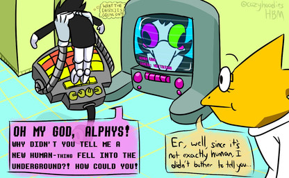 ambiguous_gender anthro black_hair blush blush_stickers clothing coat derp_eyes detailed_background dialogue dimple electronics eyewear female glasses gloves green_sclera grey_body group hair handwear inside lab_coat lifting_another machine male monitor multicolored_sclera puppet purple_sclera scales screen screen_face shirt speech_bubble text thought_bubble topwear trio white_body yellow_body yellow_scales homebymidnight deltarune undertale undertale_(series) alphys mettaton spamton_g._spamton animate_inanimate darkner humanoid living_puppet lizard reptile robot scalie 2021 digital_media_(artwork) english_text signature