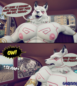 against_car against_surface against_vehicle against_window anthro black_nose car car_interior chest_tattoo dialogue duo eyes_closed frown fur male muscular muscular_anthro muscular_male nipples on_glass open_frown open_mouth open_smile pec_squish pecs pink_nipples profanity smile speech_bubble tattoo text vehicle white_body white_fur camseven epic_games fortnite fletcher_kane meowdas canid canine canis domestic_cat felid feline felis mammal wolf 3d_(artwork) comic digital_media_(artwork) english_text hi_res