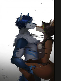 angry anthro black_hair blue_body blue_fur bodily_fluids bound bound_together breast_squish breasts duo female fur genital_fluids gloves_(marking) hair holding_partner male male/female markings nude orange_body orange_fur squish vaginal_fluids tyo_dem kari_reuban canid canine canis fox mammal wolf hi_res