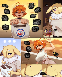5_fingers anthro clothed clothing dialogue eyebrows eyes_closed female fingers hair holding_object open_mouth smile text gammainks nintendo pokemon kaminari_(gammainks) katherine_robinson_(gammainks) kumo_(gammainks) eevee eeveelution generation_1_pokemon human jolteon mammal pokemon_(species) 2026 absurd_res artist_name comic digital_media_(artwork) english_text hi_res